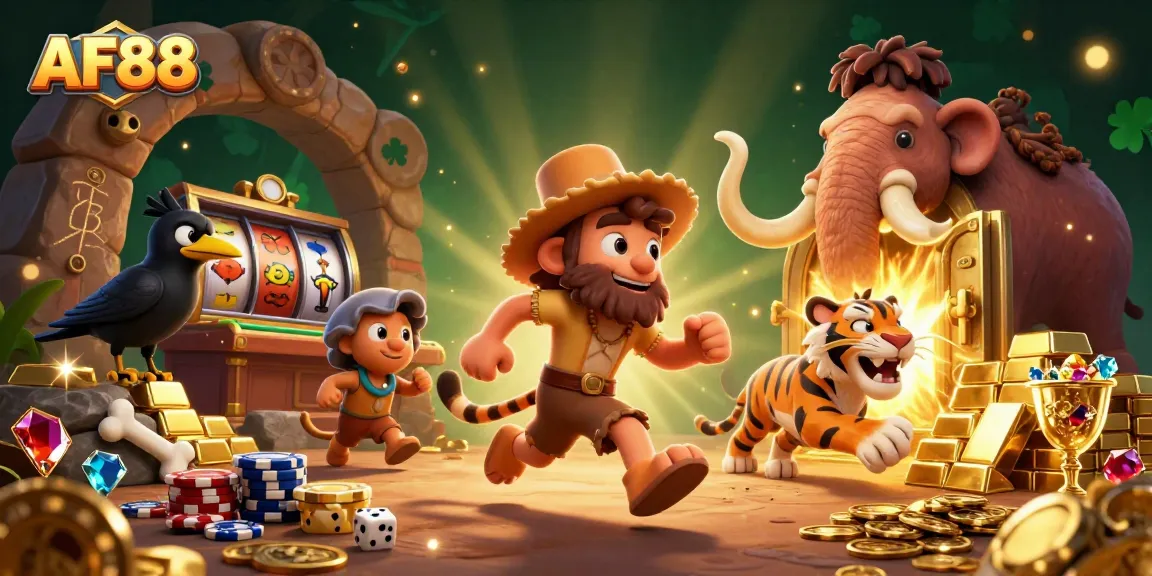 AF88 captivates players with a vibrant casino scene of cartoon characters and treasures.