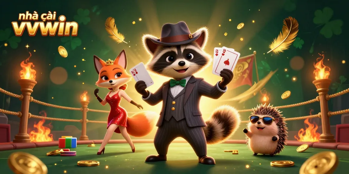 Engage with the nhà cái vvvwin as a raccoon showcases a royal flush in a thrilling casino atmosphere.