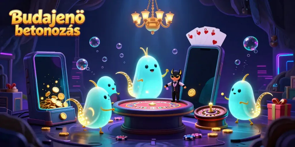 Experience the lively Budajenő betonozás scene with glowworms illuminating a cave casino.