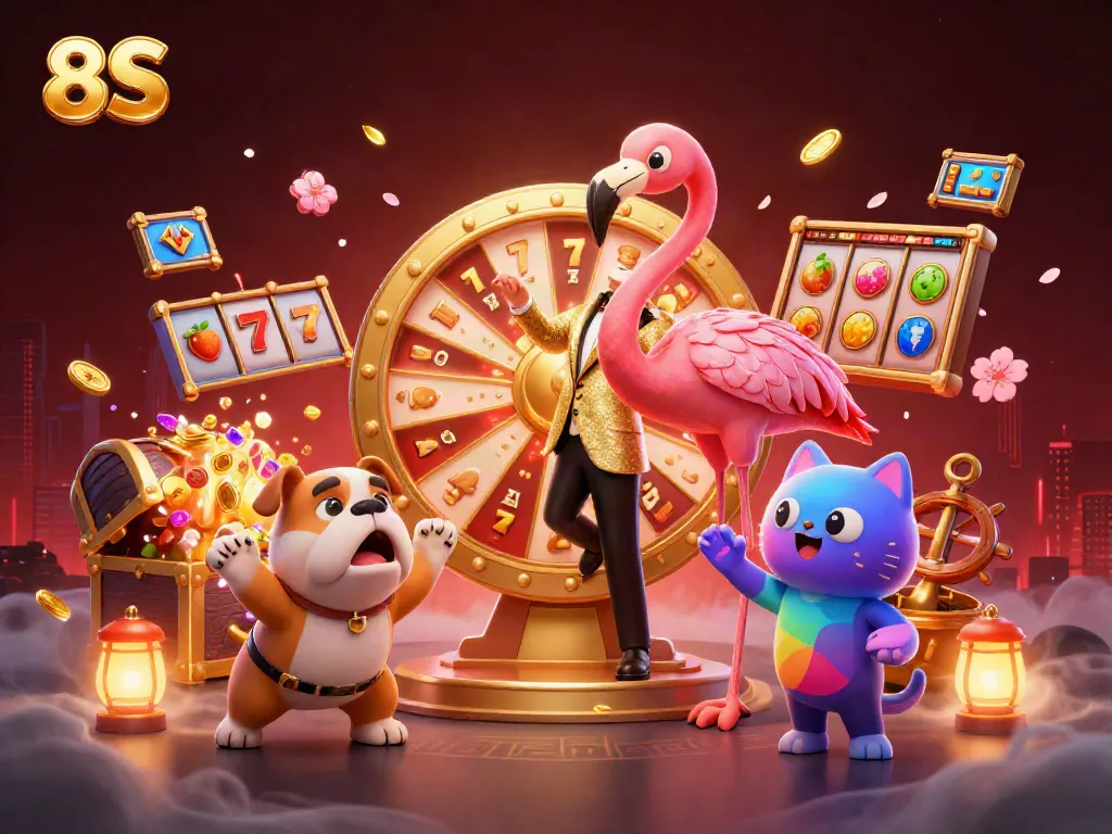 Experience thrilling spins with 8S in this dynamic casino-themed illustration.
