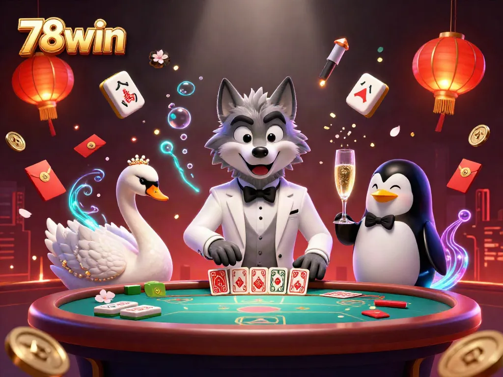 Plunge into excitement with 78win's animated casino scene showcasing a baccarat table with lively characters