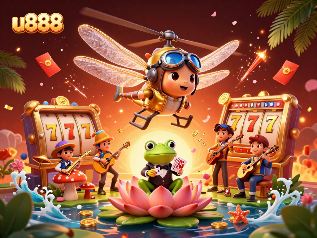Experience thrilling slots at u888 with vibrant visuals and engaging gameplay from an animated casino scene.