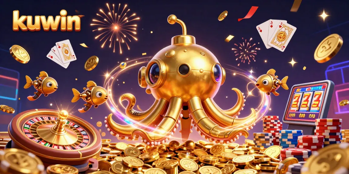 Kuwin features an exciting kraken submarine surfacing through gold coins, symbolizing thrilling online gaming.