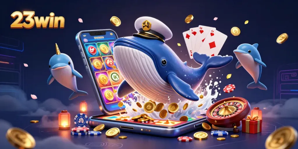 Engage with 23win's colorful online gaming scene featuring a whale and casino elements.