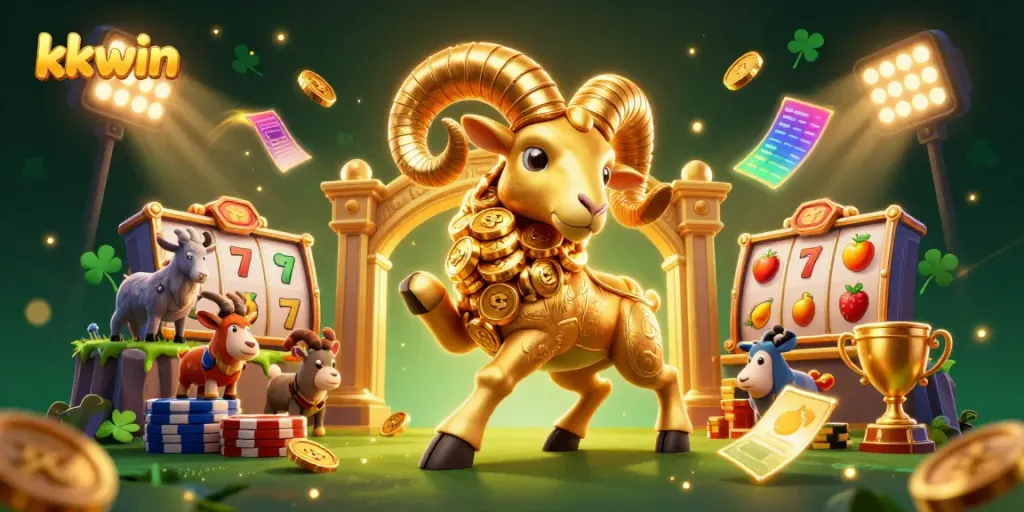 Experience thrilling gaming with kkwin's vibrant golden ram and slot machines in a rich 3D casino setting.