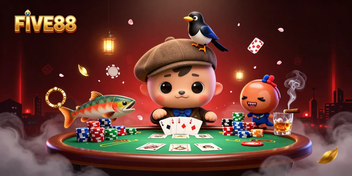 Engage with FIVE88's vibrant poker action featuring Nessie and friends amid thrilling casino elements.