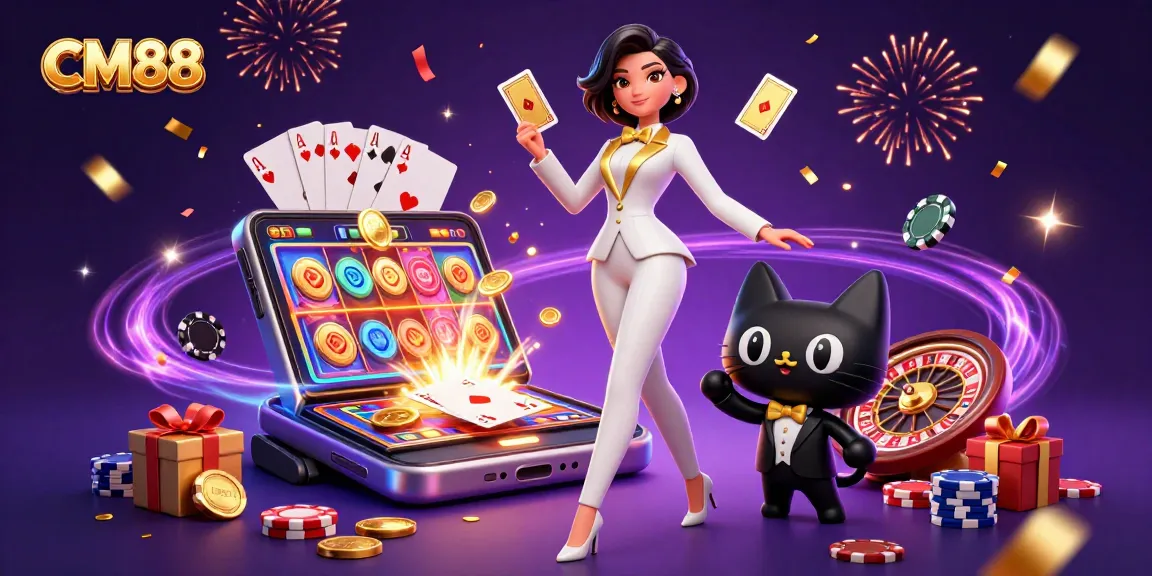 Experience thrilling gameplay at CM88 with a glamorous woman shuffling cards alongside a playful tuxedo cat.