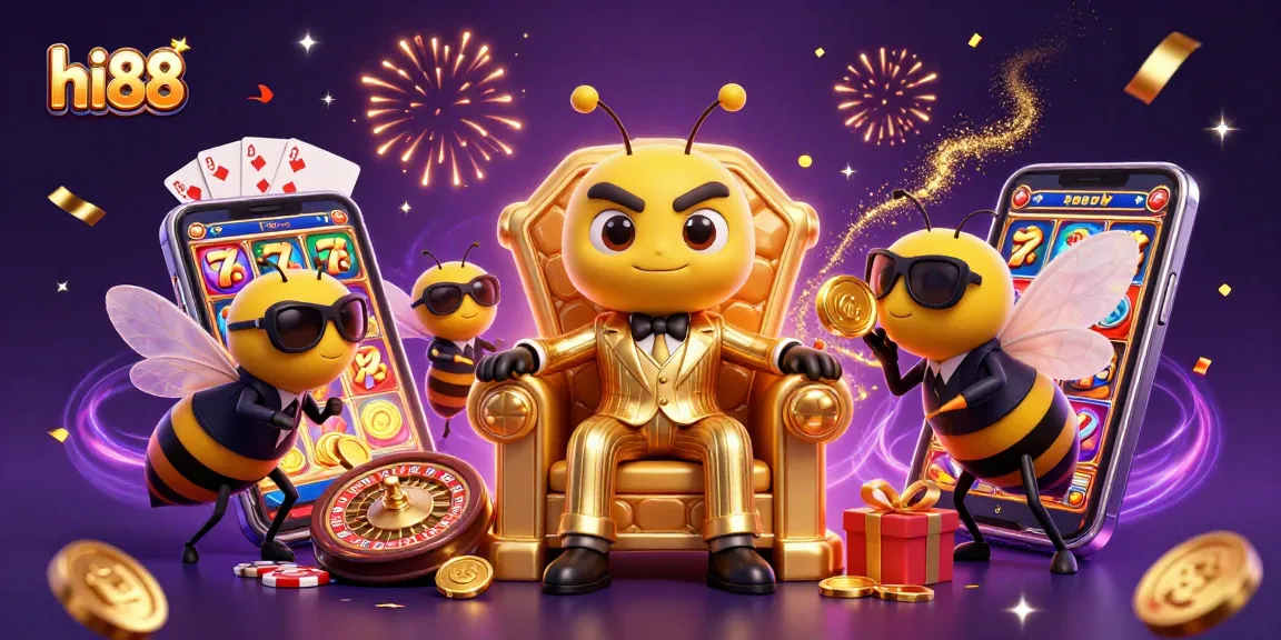 Spin your luck at hi88 with an exciting 3D casino illustration filled with vibrant game elements.