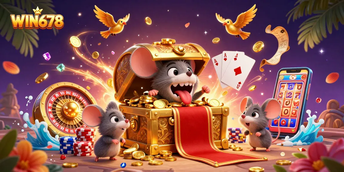 Explore WIN678's thrilling casino experience with golden treasures, coins, and jackpots.