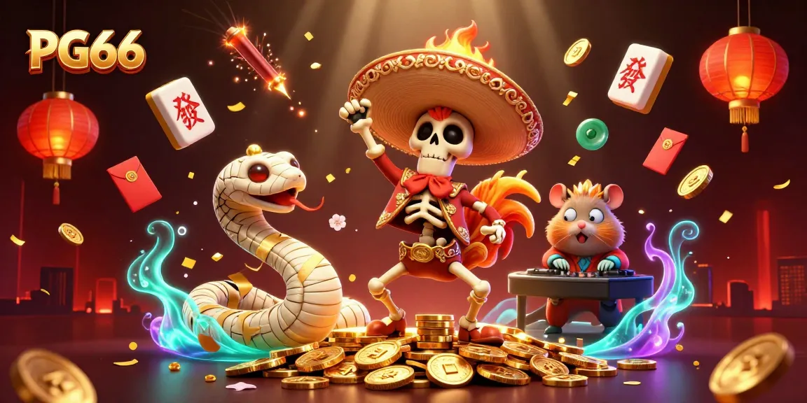 Discover PG66's vibrant casino adventures with a dynamic victory scene of gaming characters.