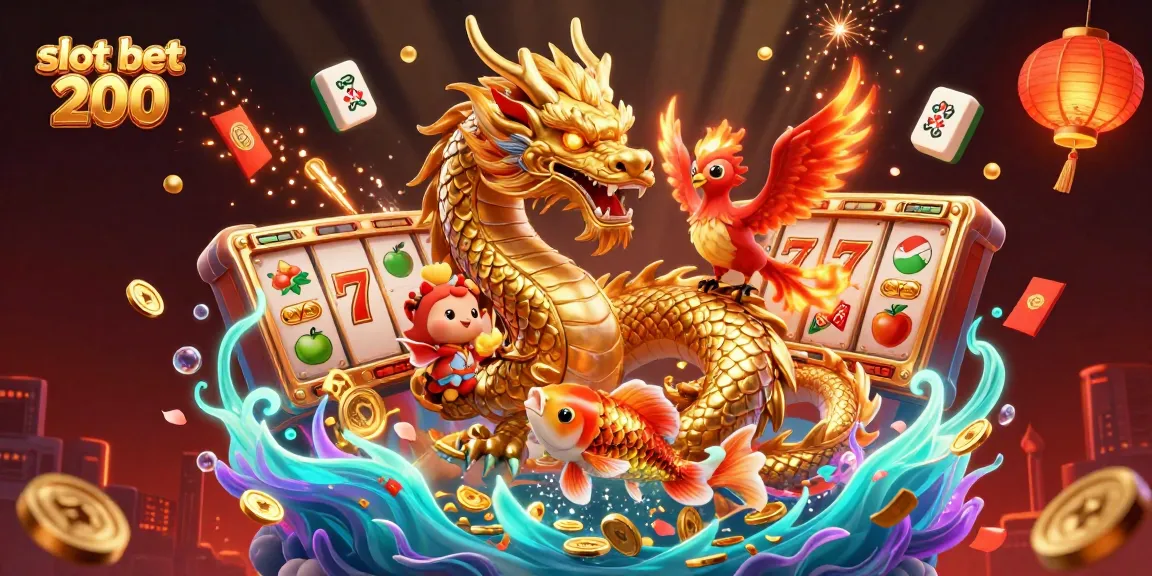 Slot bet 200 menampilkan naga emas dan burung phoenix dalam suasana kasino yang meriah.