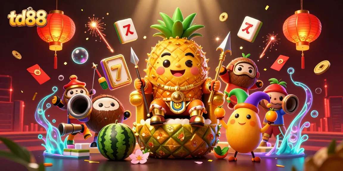 Experience thrilling gameplay with td88's vibrant golden pineapple king in a lively casino scene.