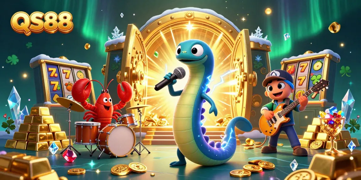 Experience QS88's electric eel DJ performing in a vibrant underwater casino with treasures and slots.