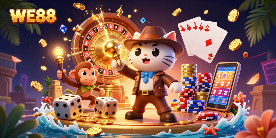 Experience thrilling game action at WE88 with live roulette, sparkling gems, and golden coins.