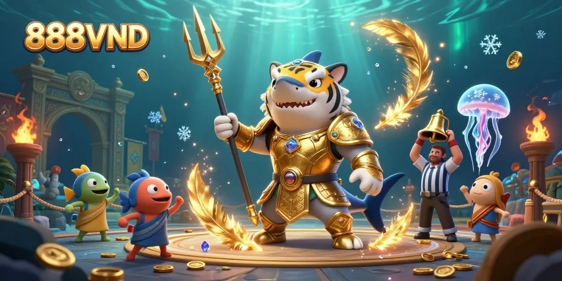Immersive underwater scene showcasing 888VND with a gladiator shark and vibrant elements of gaming.