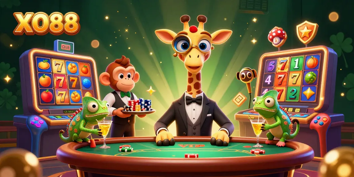 Spin the reels and win with XO88's vibrant casino-themed 3D illustration featuring engaging characters.