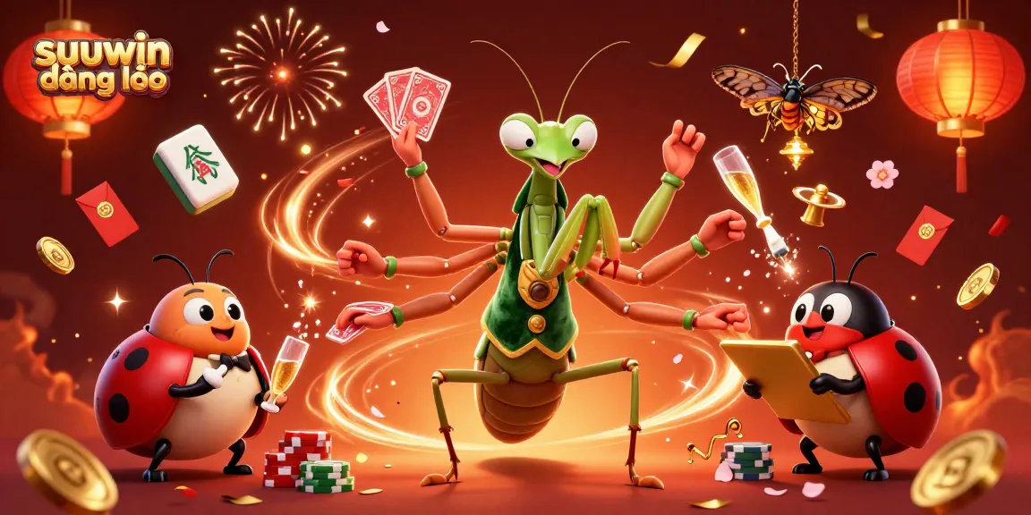 Experience seamless gaming with suuwin đăng nhập as the giant praying mantis card sharp deals cards and pours champagne amidst vibrant casino elements.