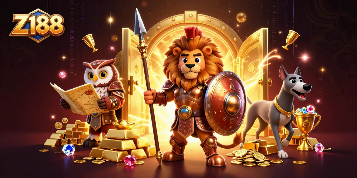 Experience the thrill of Z188 with a dynamic casino scene featuring vibrant characters and gold treasures.