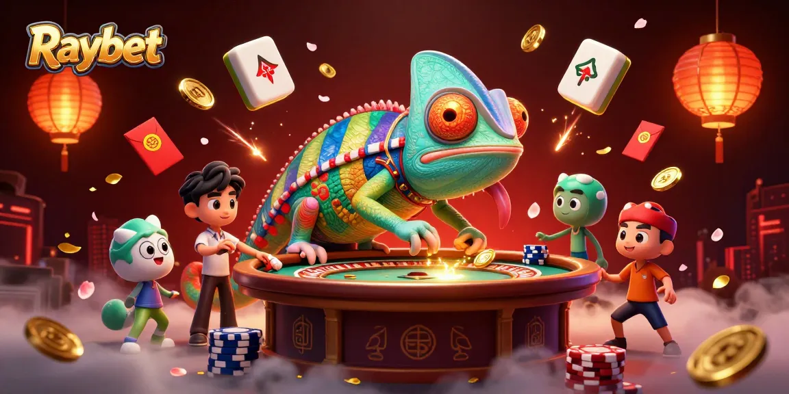 Experience the vibrant and colorful Raybet online casino atmosphere with a striking chameleon owner, golden coins, and festive elements.