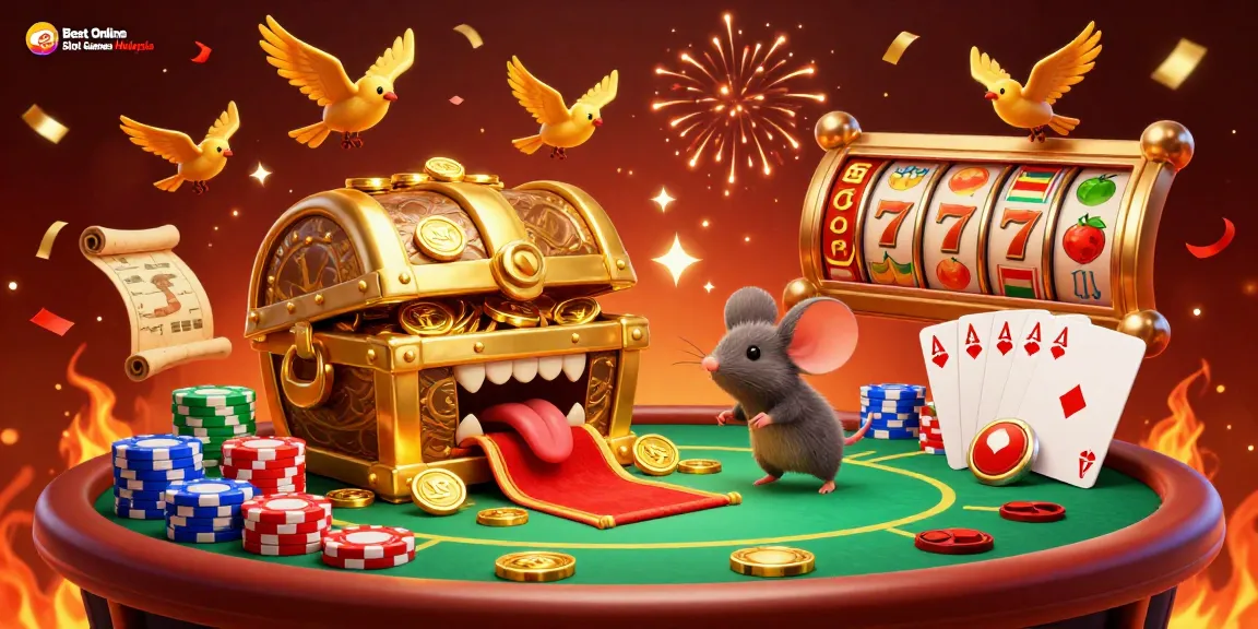 Enjoy the excitement of Best Online Slot Games Malaysia with vibrant 3D treasures and gaming elements.