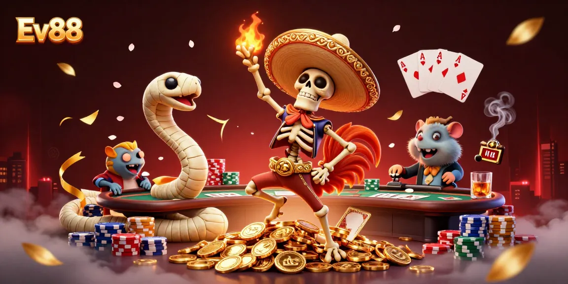 Ev88 presents a lively casino scene with characters celebrating on golden coins surrounded by poker elements.