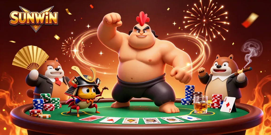 SUNWIN's thrilling atmosphere captured with dynamic poker elements and vibrant characters.