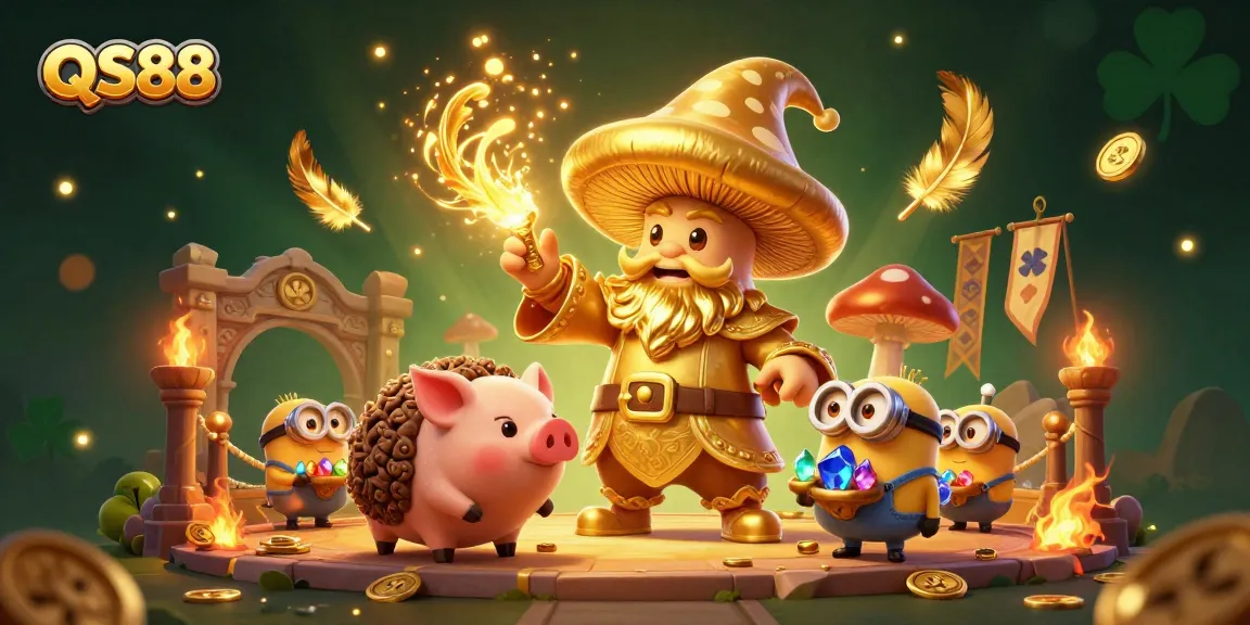 Engaging scene illustrating QS88 with a wizard turning gold, a pig finding treasure, surrounded by casino elements.