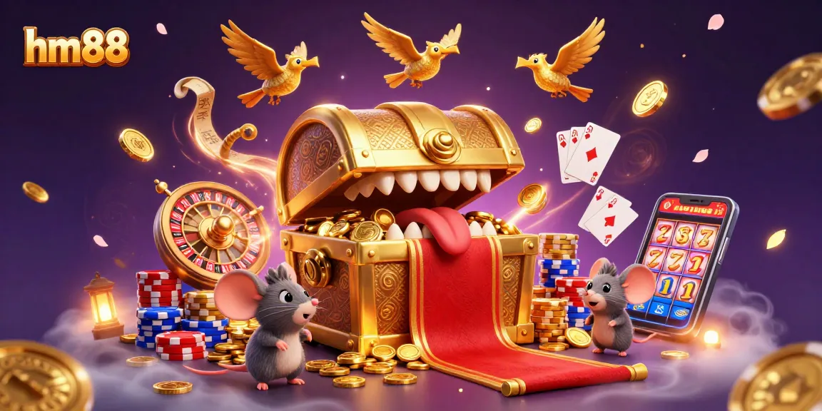 Experience fun at hm88 casino with a dynamic scene of adventurous mice and casino treasures.