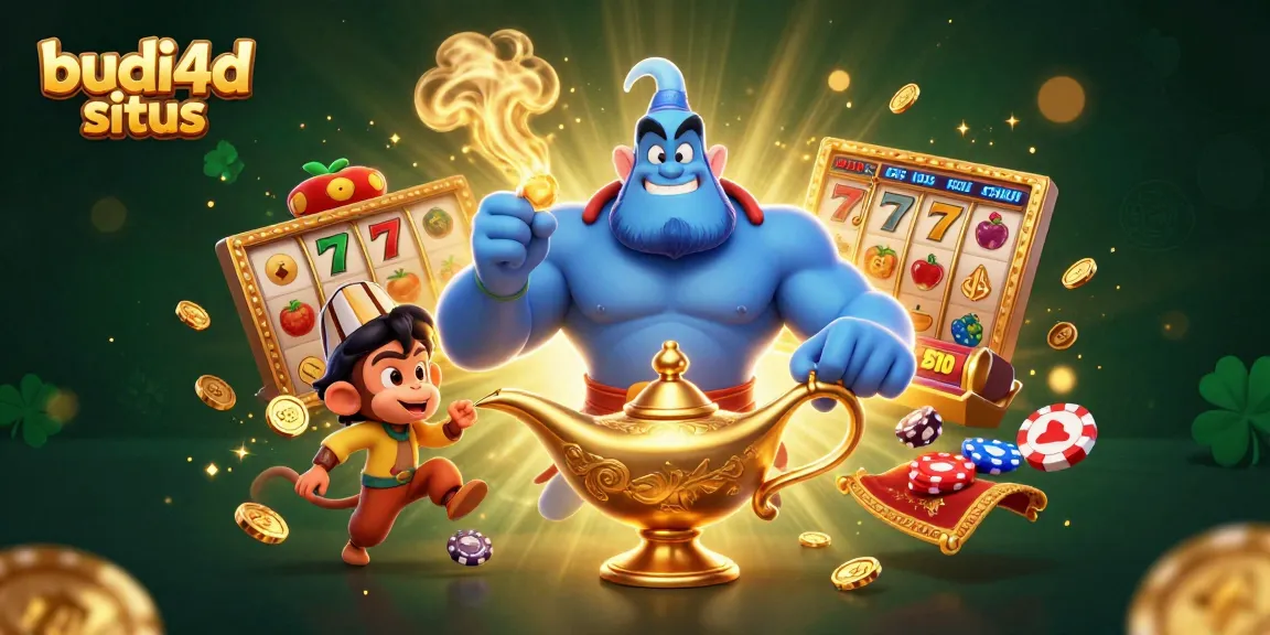 Engage in winnings at budi4d situs with a genie and slot elements in a vibrant 3D illustration.