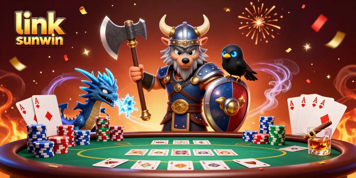 Win big with link sunwin at an exciting poker table surrounded by vibrant characters and elements.
