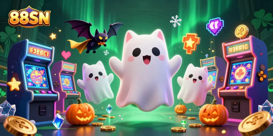 Engage with 88SN's vibrant haunted casino featuring animated characters, game machines, and glowing elements.