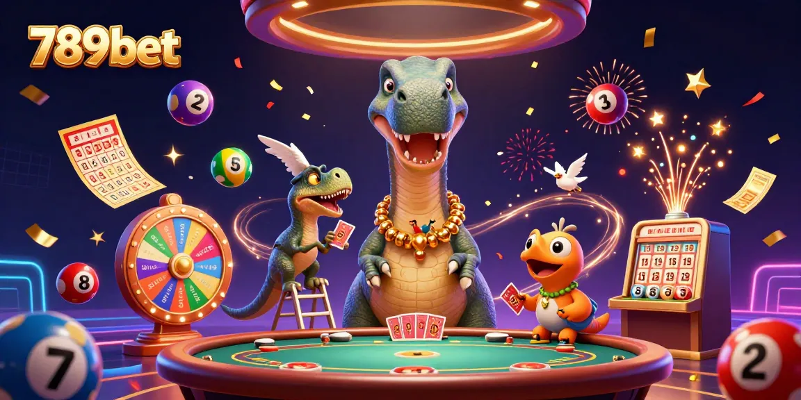 Engage with 789bet's vibrant gaming world featuring an imaginative 3D brontosaurus and raptor at a lively casino scene.