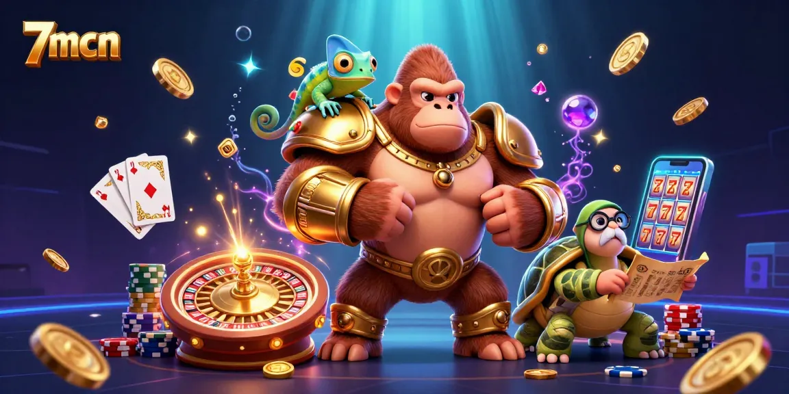 Experience thrilling gameplay with 7mcn’s vibrant 3D casino illustration, featuring a gorilla king and casino riches.