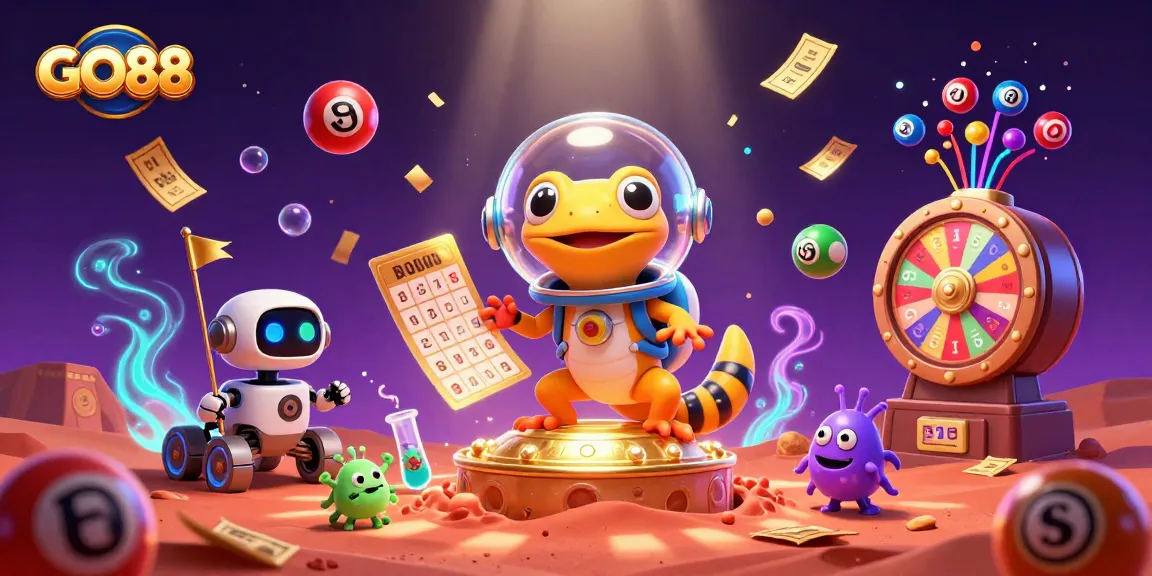 Engage in thrilling adventures at GO88 with this vibrant casino illustration featuring Martian characters and dynamic gaming elements.