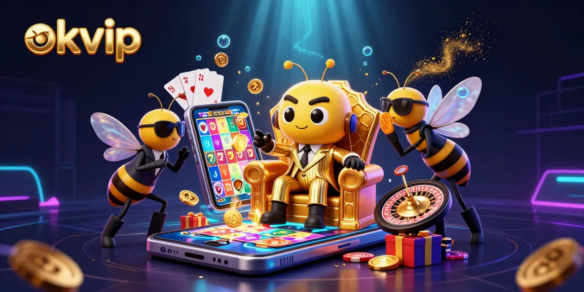 Experience the thrill of okvip with a vibrant 3D casino scene featuring a bumblebee mob boss and exciting games.