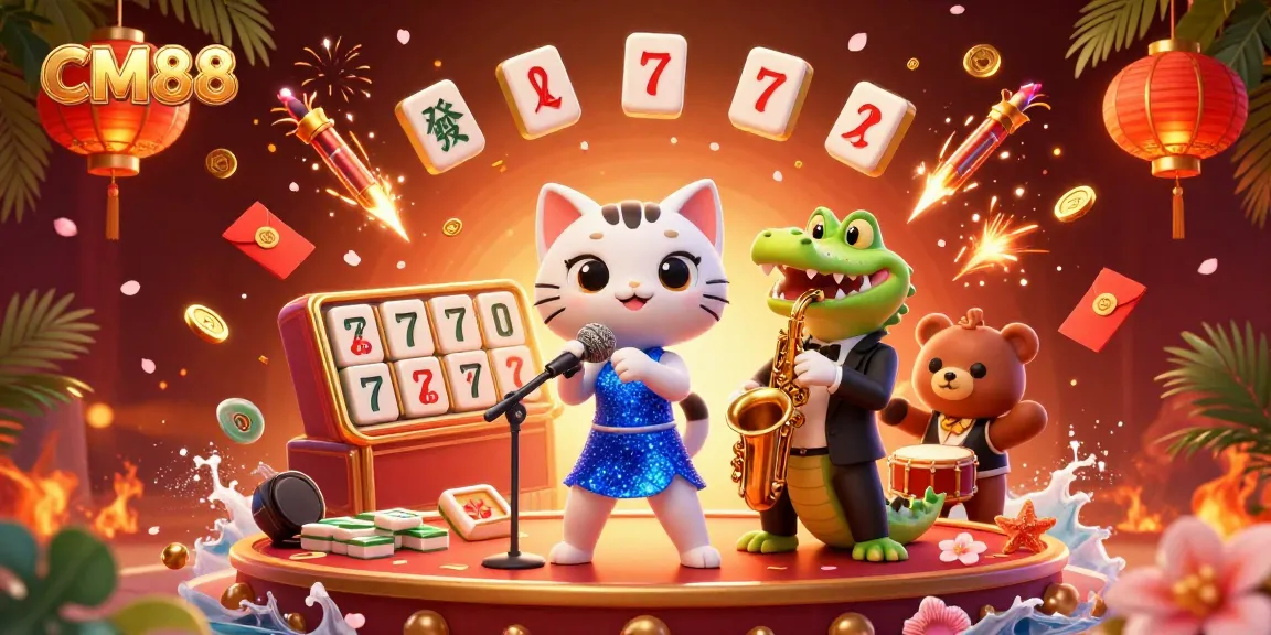 Experience exciting gameplay at CM88 with vibrant illustrations of a cat singer, crocodile saxophonist, and bear drummer on stage.