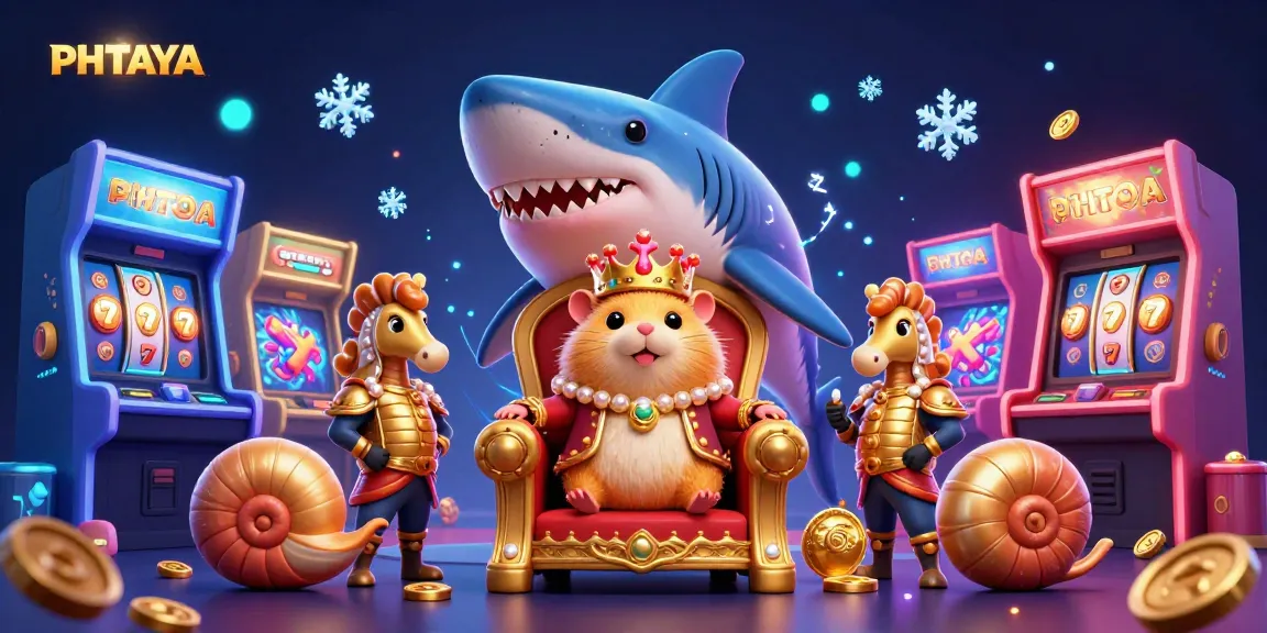 PHTAYA casino illustration showcasing a golden hamster king on a megalodon throne surrounded by vibrant gaming elements.