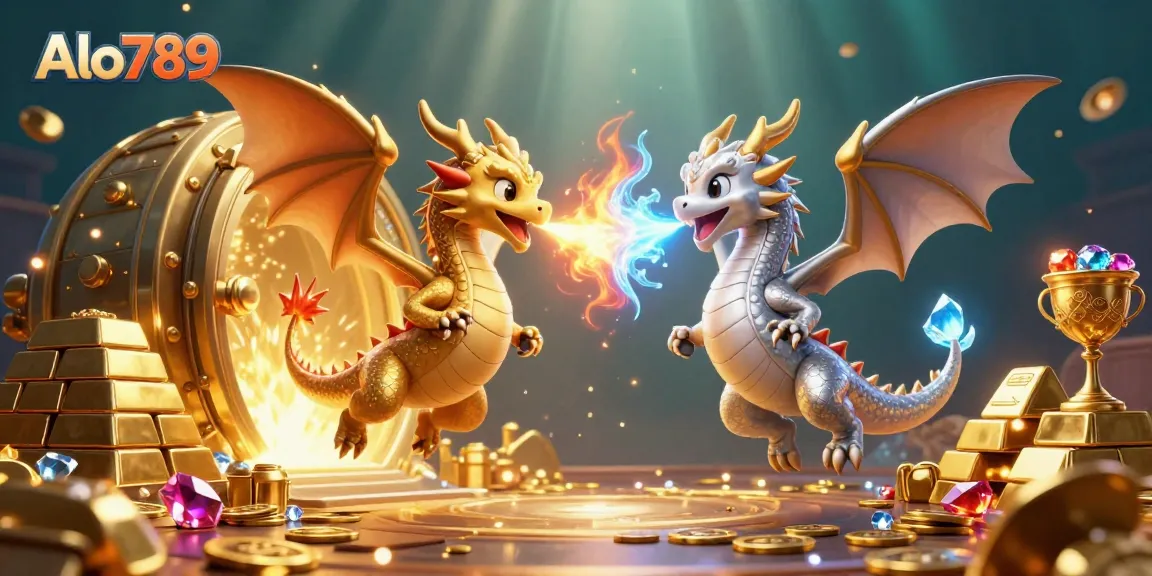 Alo789 offers thrilling gaming experiences with silver and gold dragons, set amidst a treasure-filled casino effect.