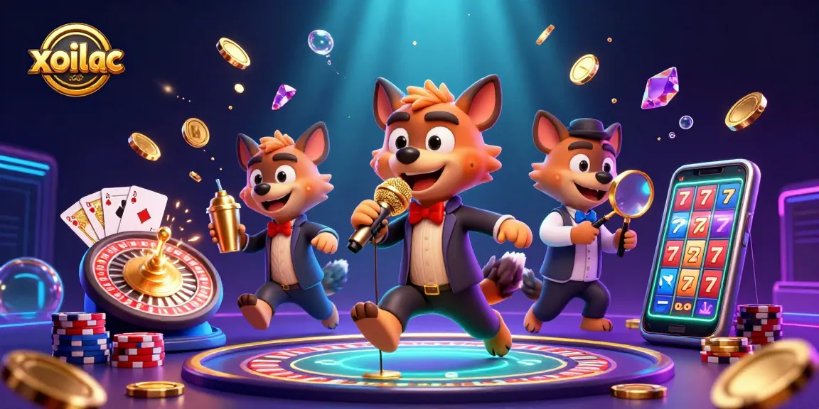 Xoilac delivers an exciting casino atmosphere with hyenas engaging in comedy while surrounded by dynamic gambling elements like coins and roulette.