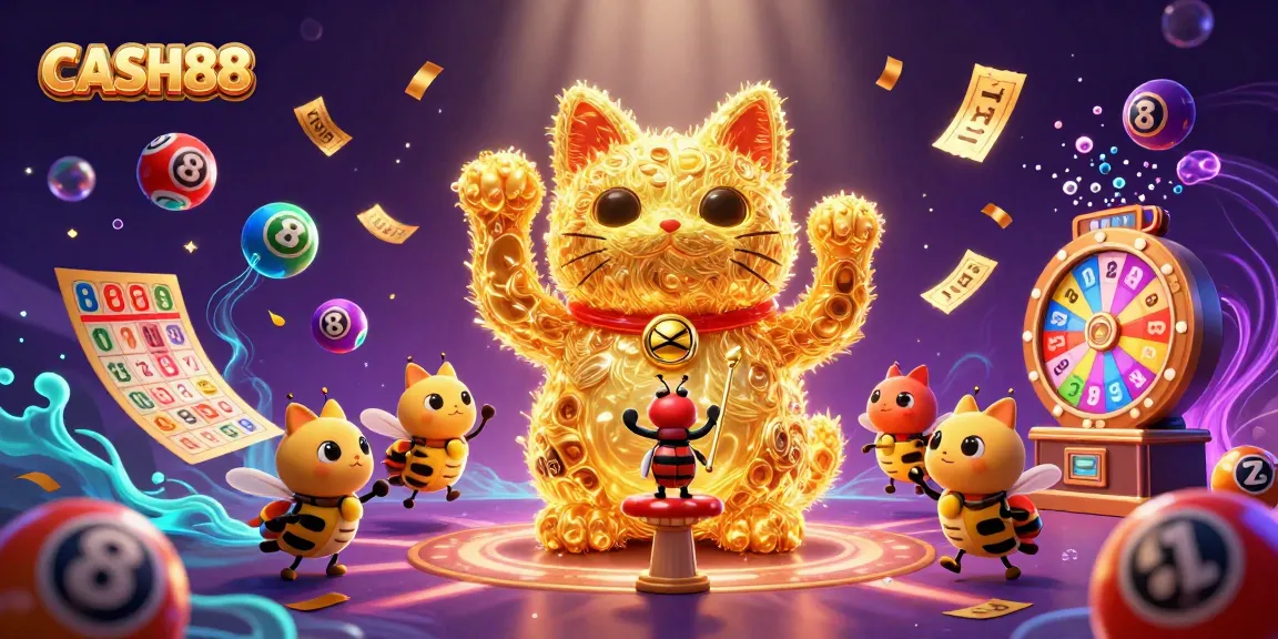 Experience the vibrant world of CASH88 with a whimsical scene showcasing a lucky cat, lottery balls, and excitement at a casino.
