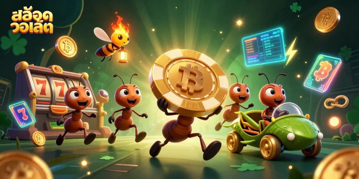 Experience สล็อตวอเลท action with vibrant 3D ants carrying a giant chip in an exciting heist.