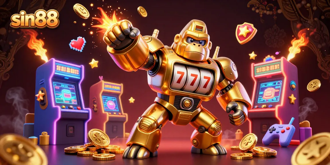 Witness the sin88 golden gorilla mech amidst vibrant casino elements, showcasing dynamic gaming excitement.