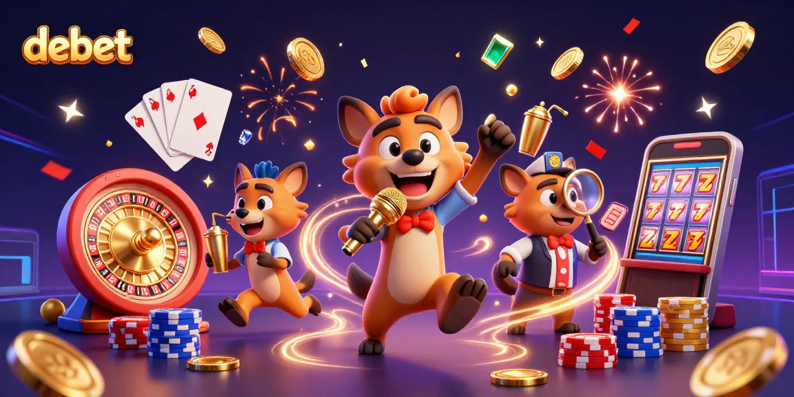 Engage with debet's dynamic comedy casino scene featuring hyenas, vibrant games, and golden treasures.