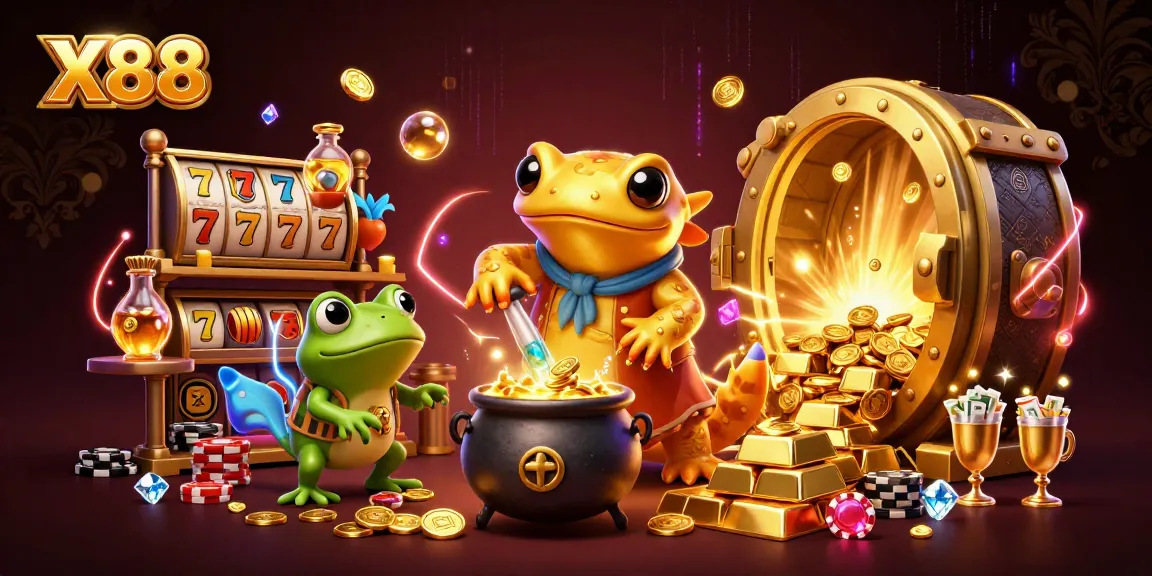 X88 transforms base metals into gold in a lively casino scene with rich gaming elements.