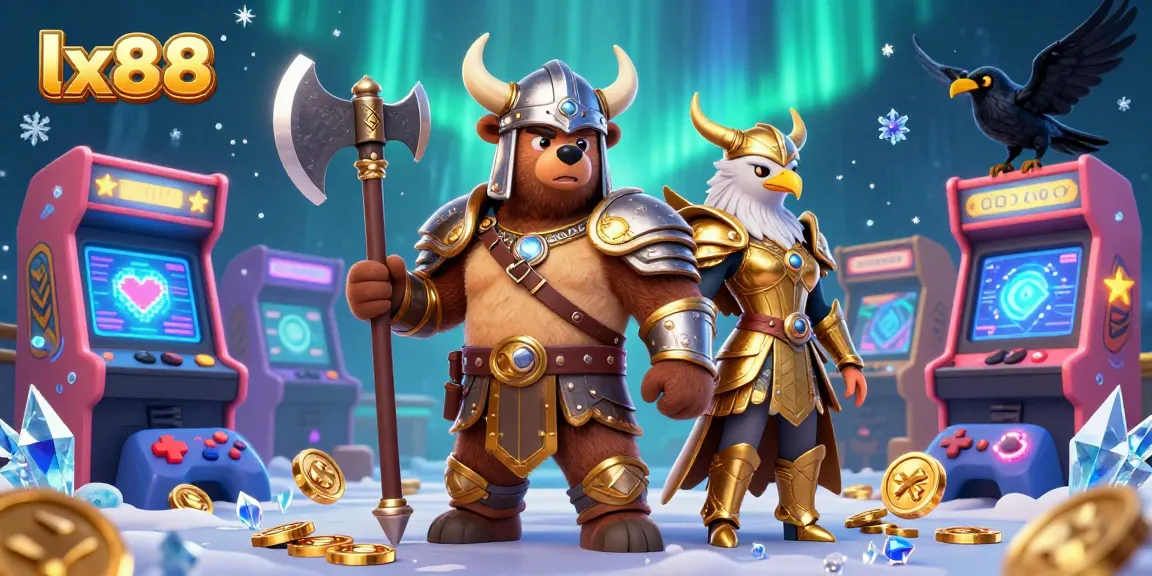 Engage with thrilling lx88 casino adventure featuring Viking bear, Valkyrie eagle, and arcade machines.