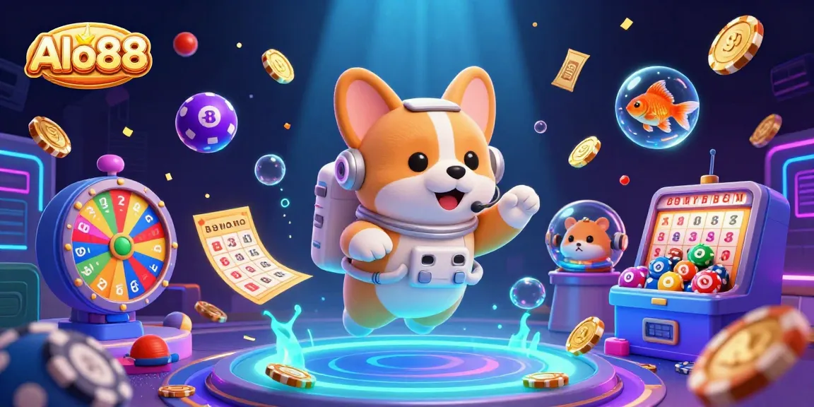 Alo88 gaming adventure with a floating corgi, hamster, and goldfish in a vibrant space casino.