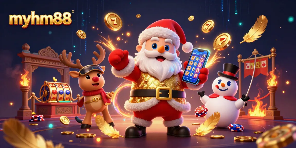 Experience exciting jackpots with myhm88 in this vibrant 3D casino illustration featuring Santa, a reindeer dealer, and a poker chip snowman.
