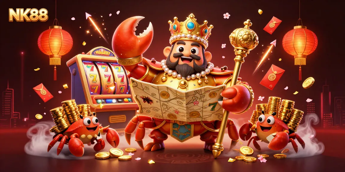 Engage in thrilling gaming with NK88 while exploring a lavish casino scene featuring an emperor crab and festive elements.