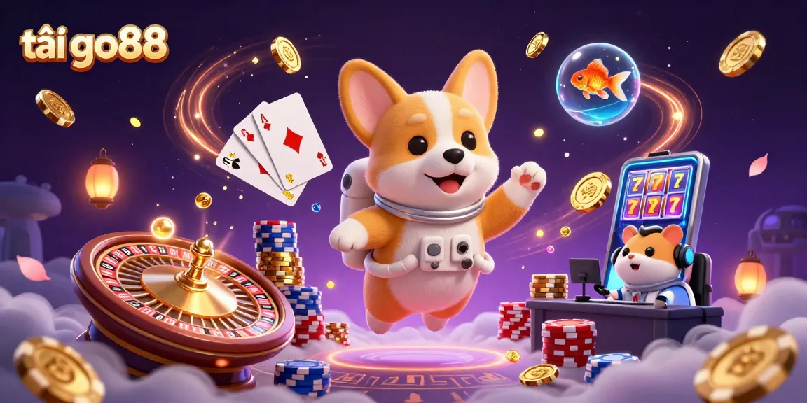 Experience the excitement with tải go88 in this vibrant casino illustration featuring a floating corgi and coins!