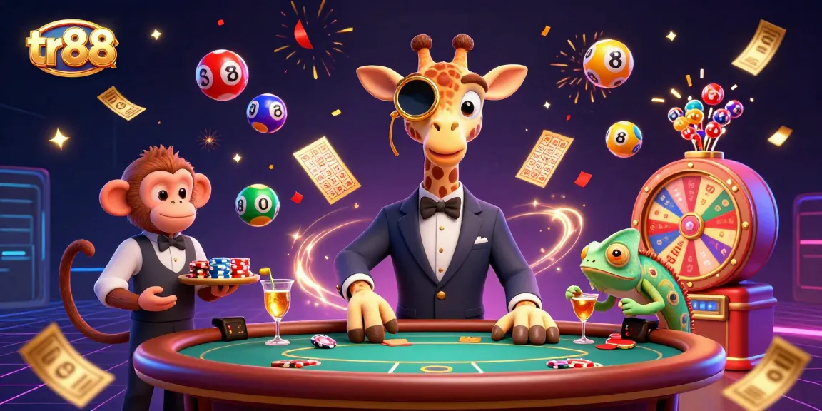 tr88 gaming scene with a high-roller giraffe at a poker table, bursting with colorful casino elements.